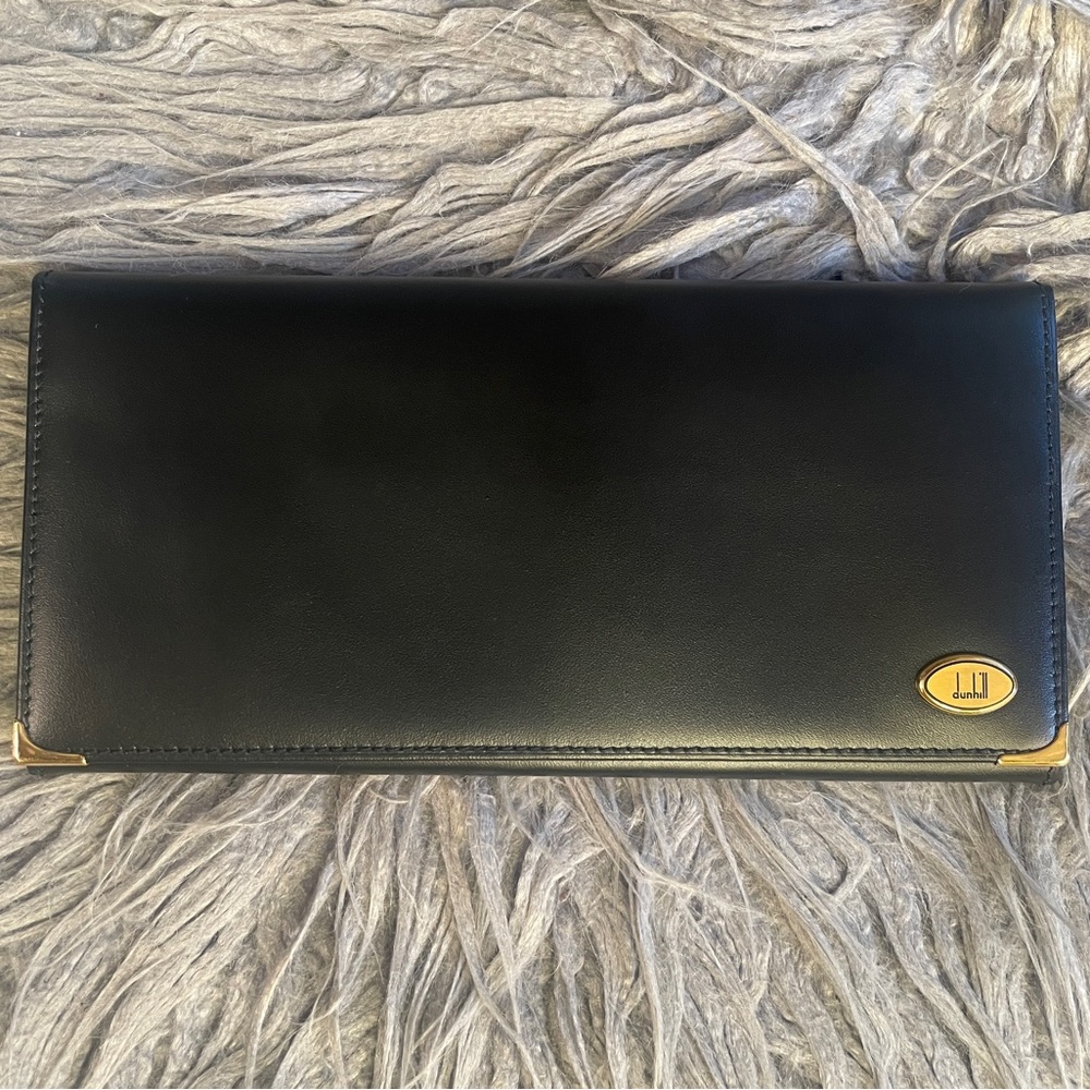 UNUSED DUNHILL Vintage Black Calf Leather Long Wallet with Gold Accents